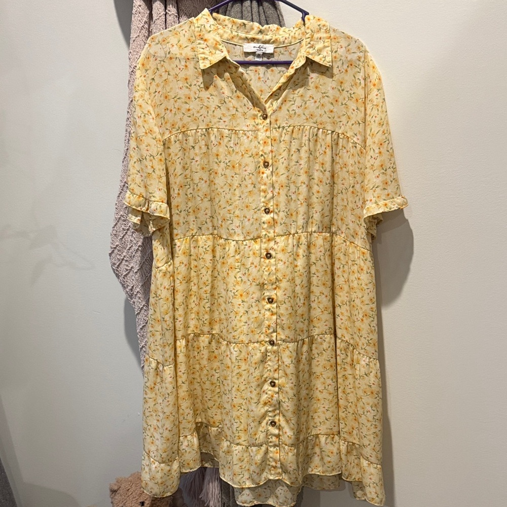 Yellow Floral Button-Front Babydoll Dress